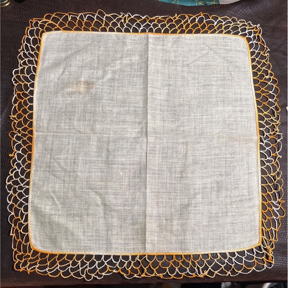 VTG Linen Ecru Handkerchief With Crocheted Yellow‎ & White Edging